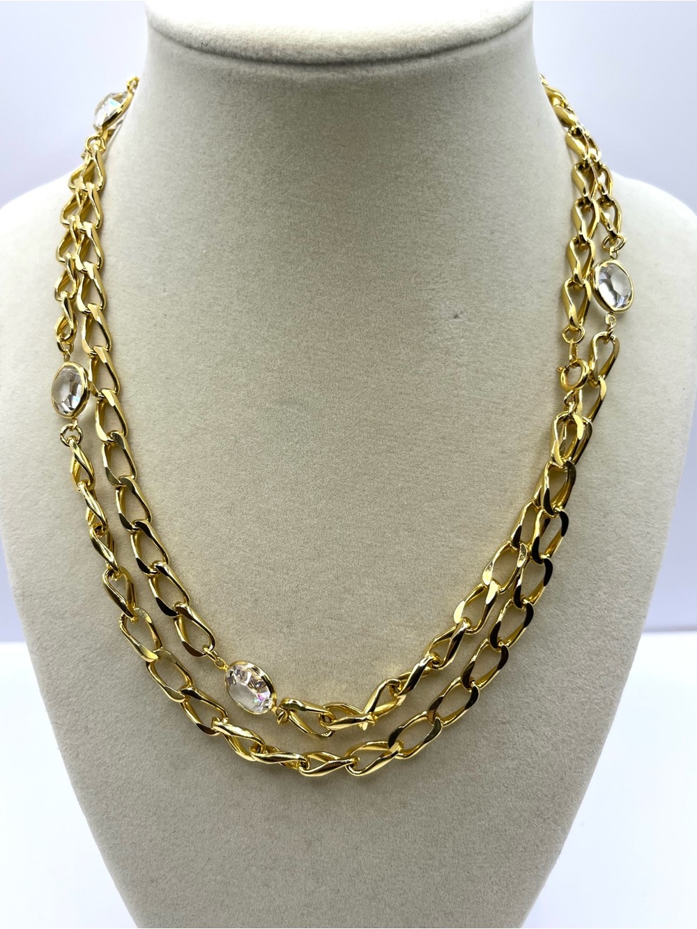 Gold Link Station Necklace with Clear Crystal Bezel set Chunky 34” Necklace